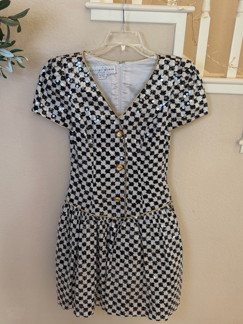 Lillie Rubin Black and White Sequin Checkered V-Neck Dress with Gold Trim